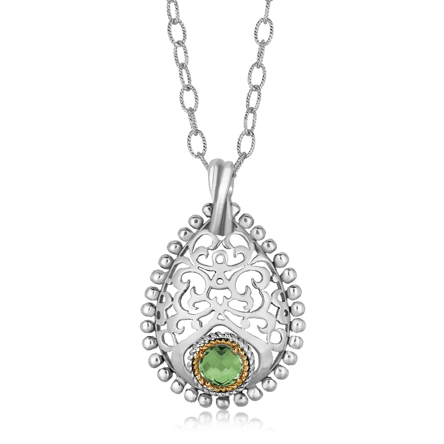 Sterling silver teardrop pendant with filigree, a round green amethyst, and an 18K yellow gold border.