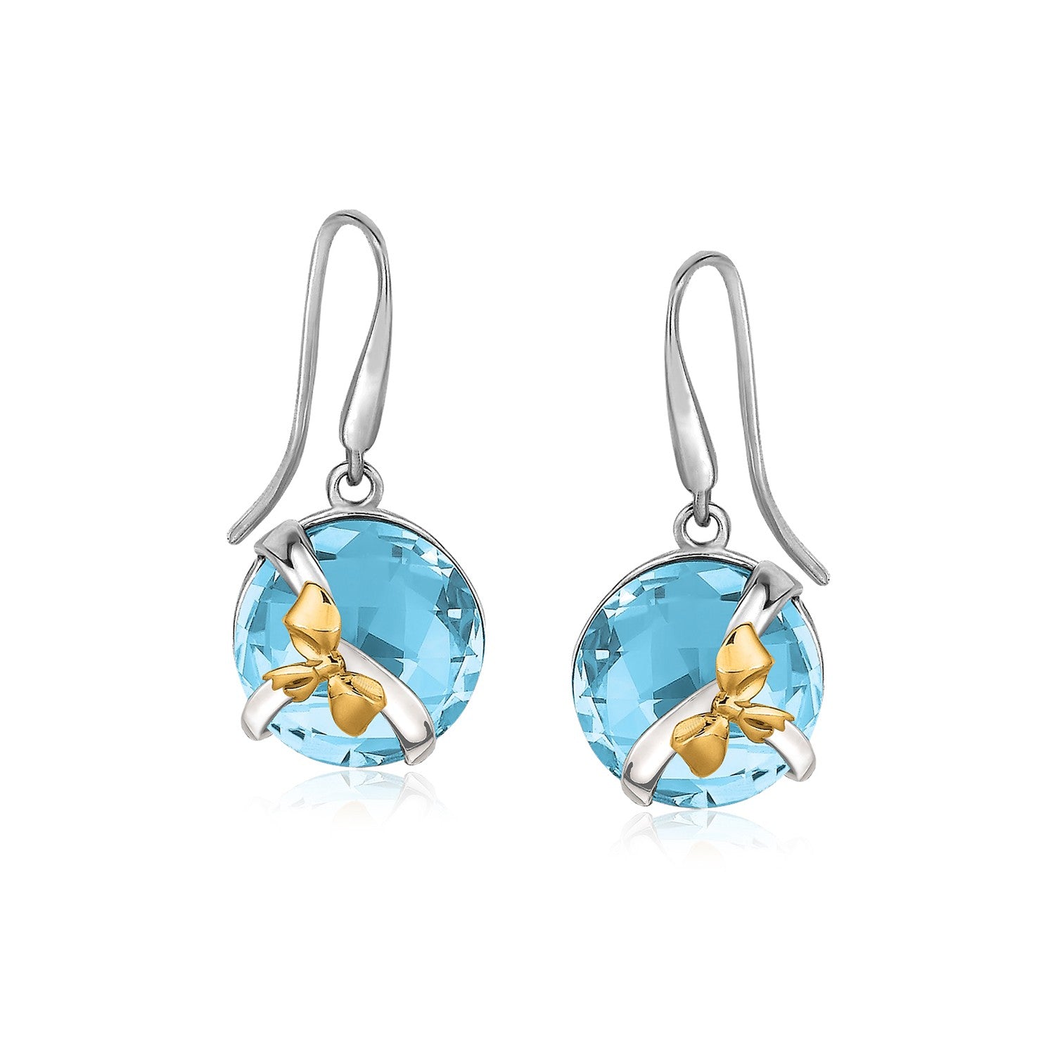 18K yellow gold and sterling silver bow motif round blue topaz drop earrings.