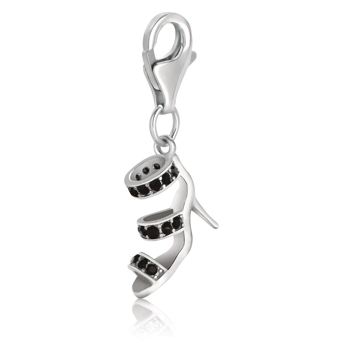 Sterling silver high heel shoe charm with black crystal embellishments and a lobster clasp.