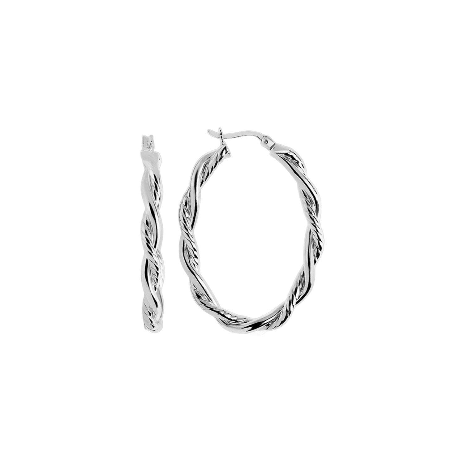 Sterling silver oval hoop earrings with a braided, diamond-cut design.