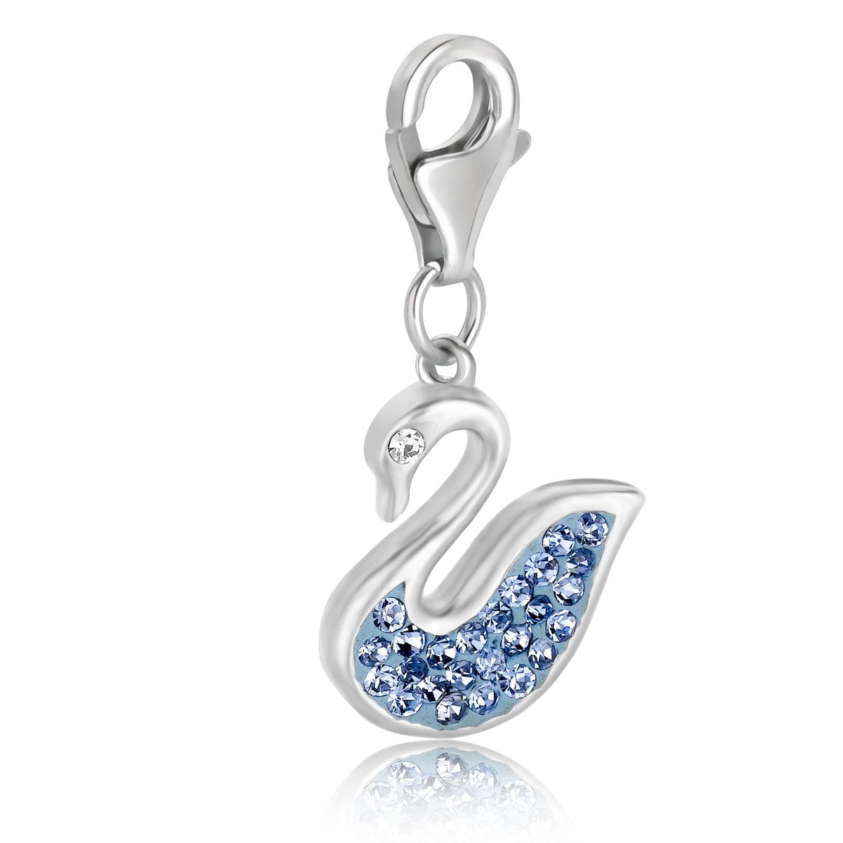 Sterling silver swan charm with blue tone crystal accents and a lobster clasp.