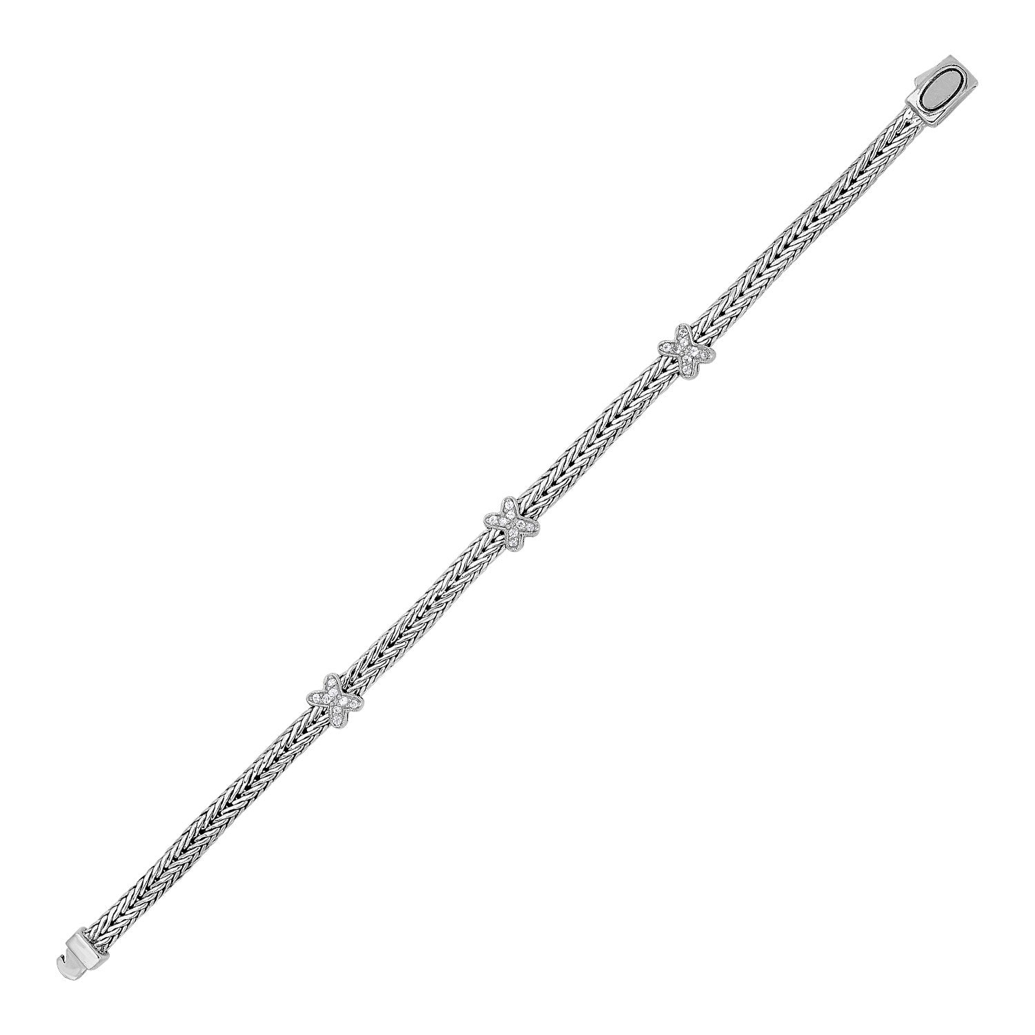 Woven rope bracelet with three white sapphire X accents in sterling silver.