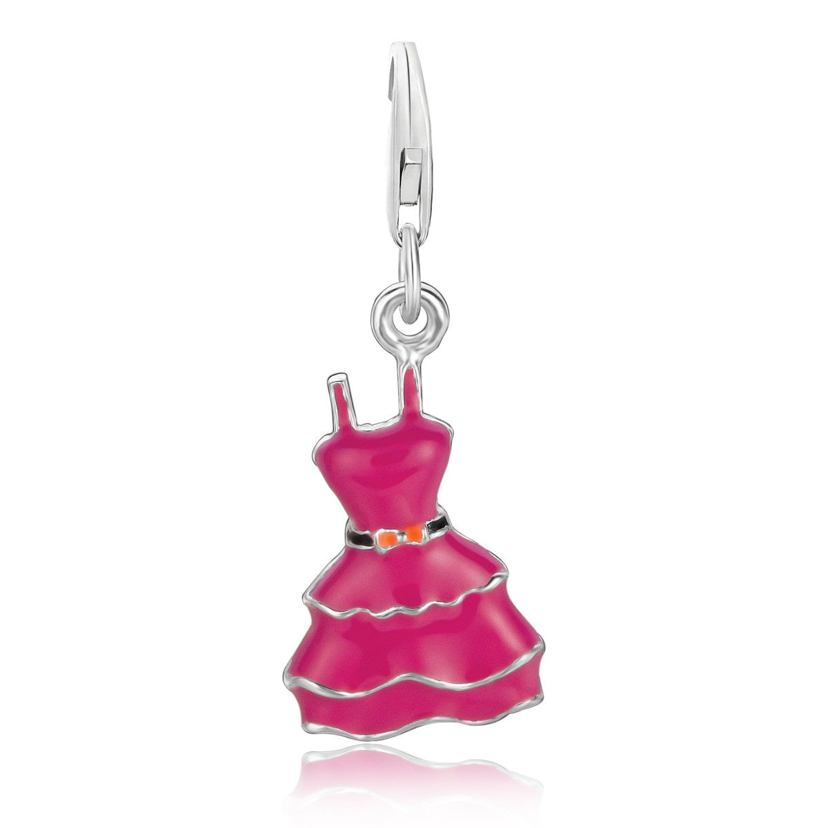Sterling silver dress charm with pink enamel coating and a black and orange belt.