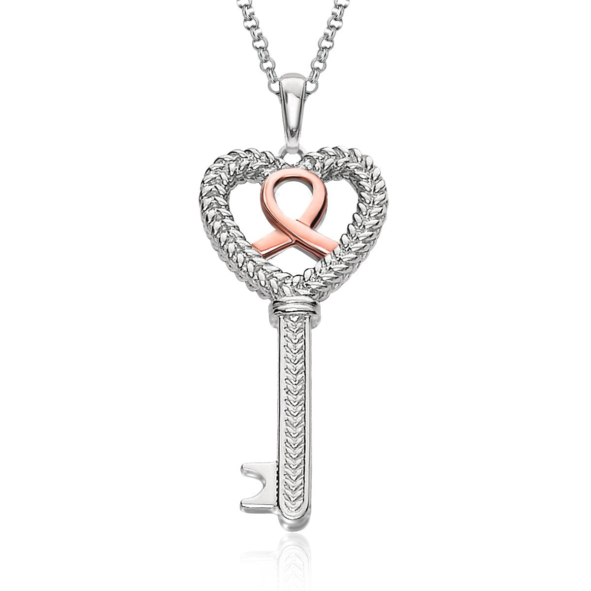 Sterling silver heart key pendant with a rose gold ribbon and an 18-inch chain.