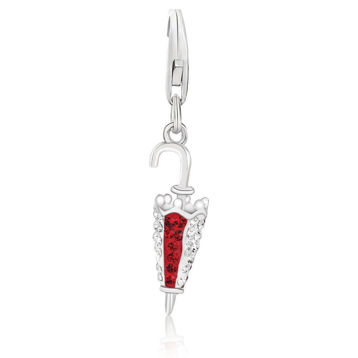 Sterling silver umbrella charm with red and white crystal embellishments.