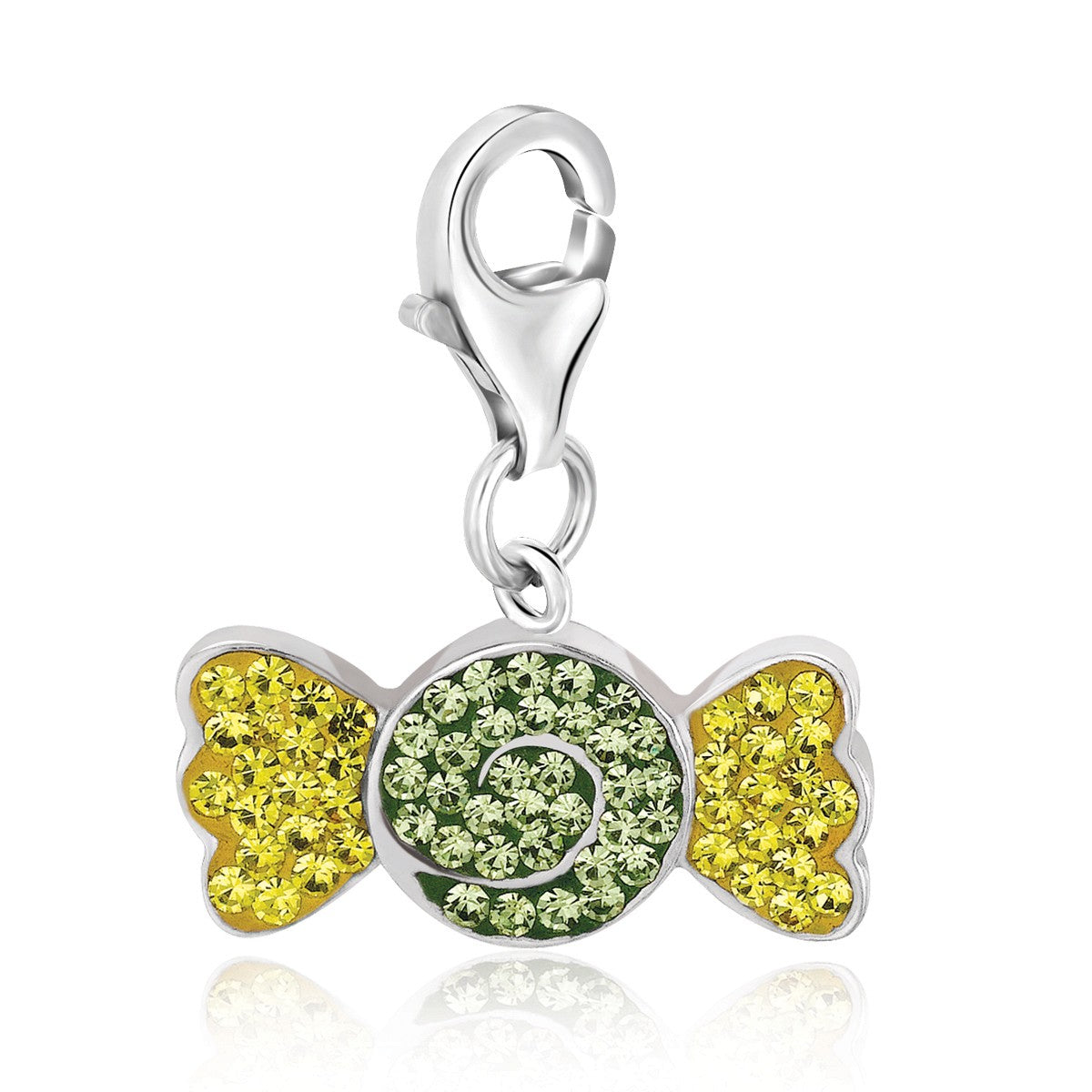 Sterling silver candy charm with lime and yellow crystal embellishments and a lobster clasp.