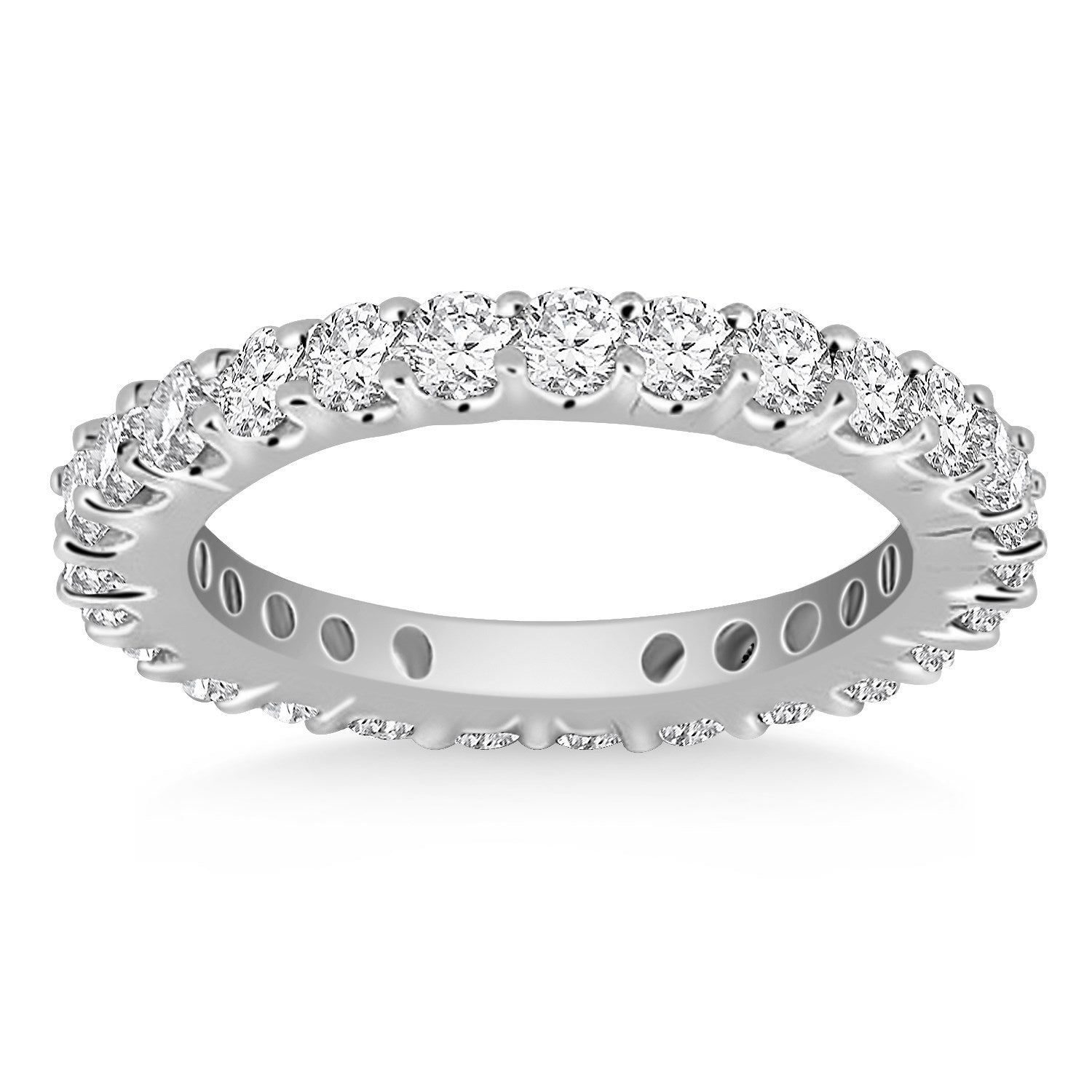 14k white gold eternity ring with round diamonds in a common prong setting.