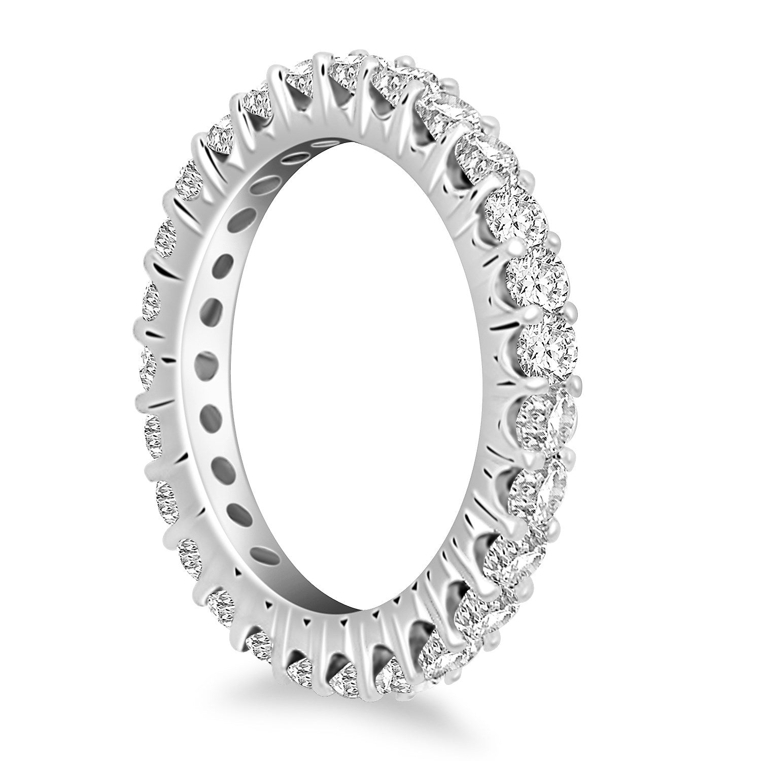 14k white gold common prong round diamond eternity ring.