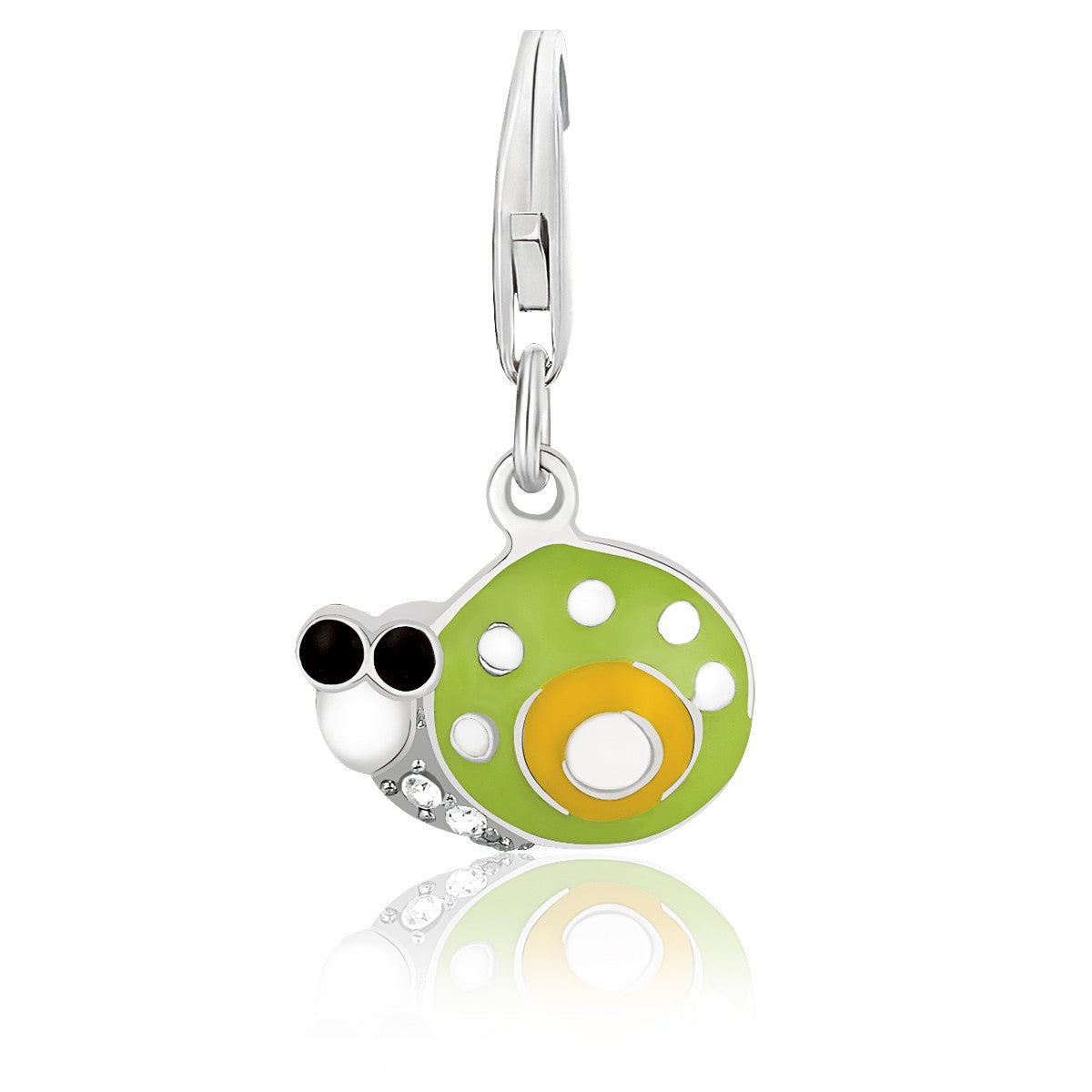 Sterling silver snail charm with green and yellow enamel and white crystal accents.