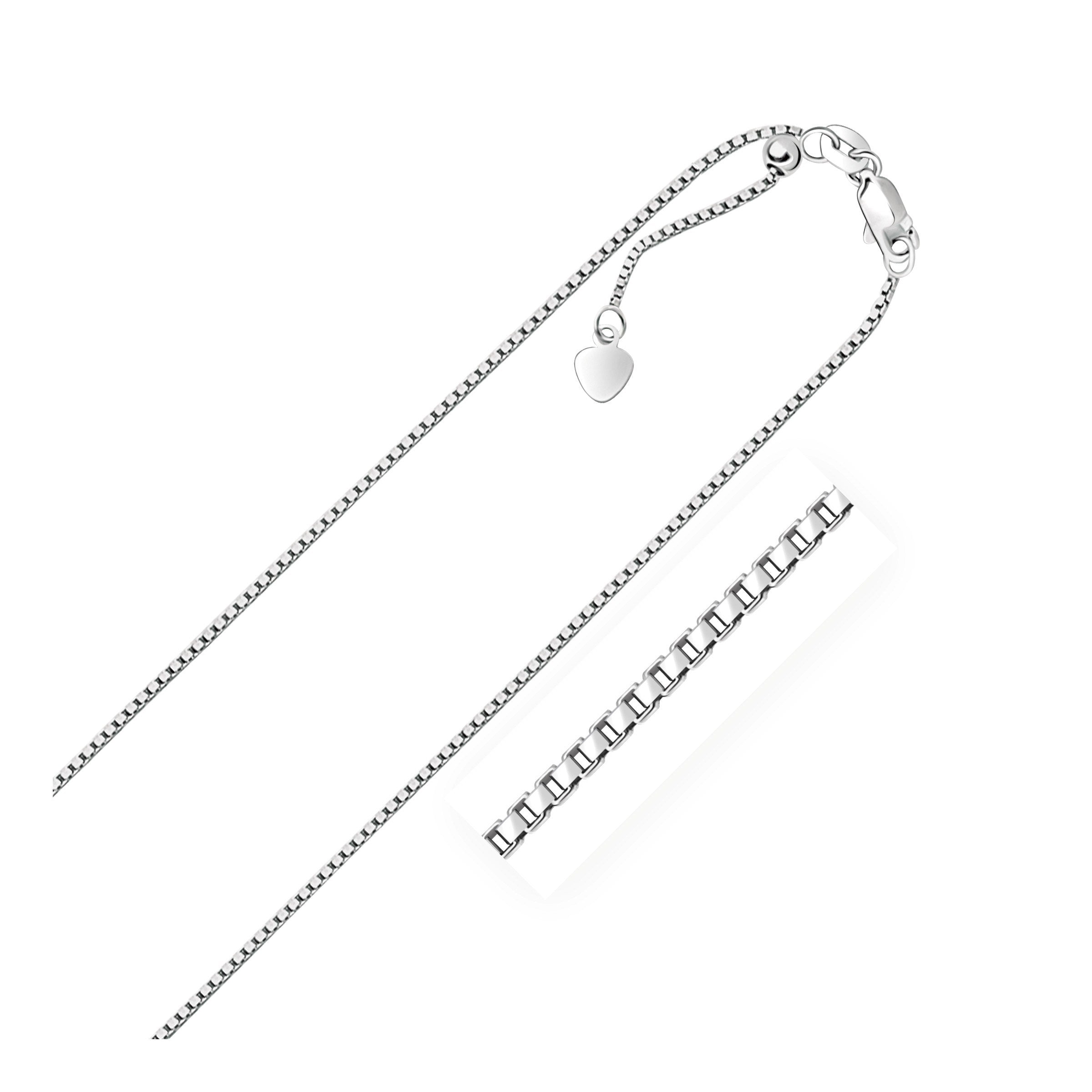 Sterling silver 1.4mm adjustable box chain with a heart dangle and lobster clasp.