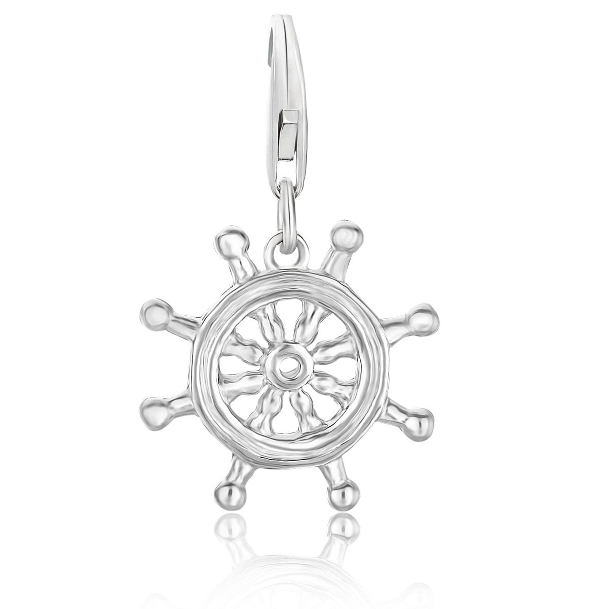 Sterling silver ship steering wheel charm with a lobster clasp.