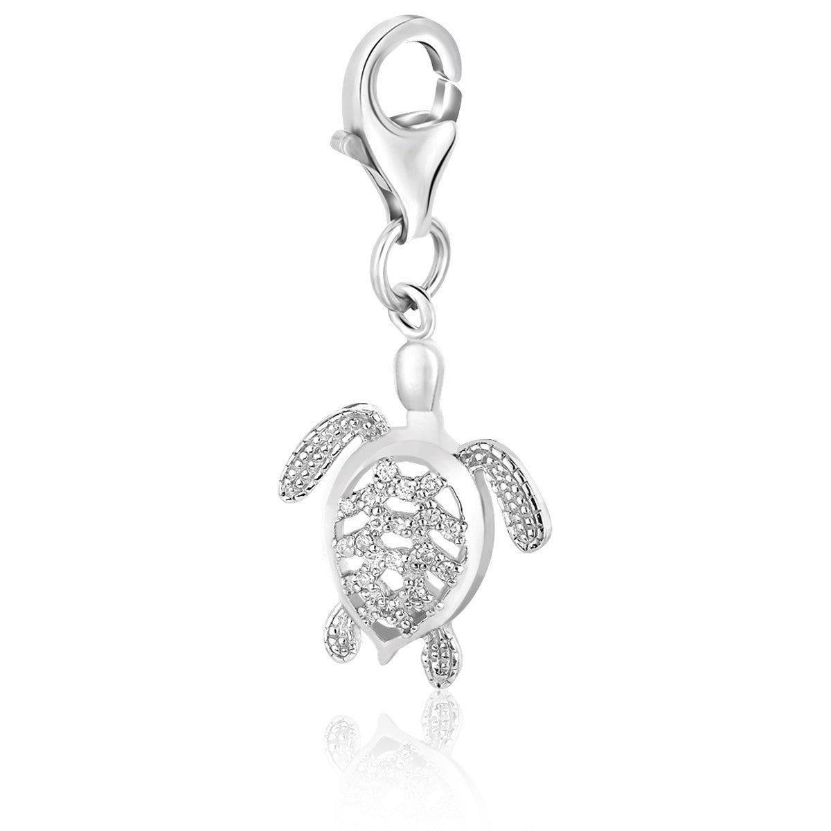 Sterling silver turtle charm with a lobster clasp and sparkling accents.
