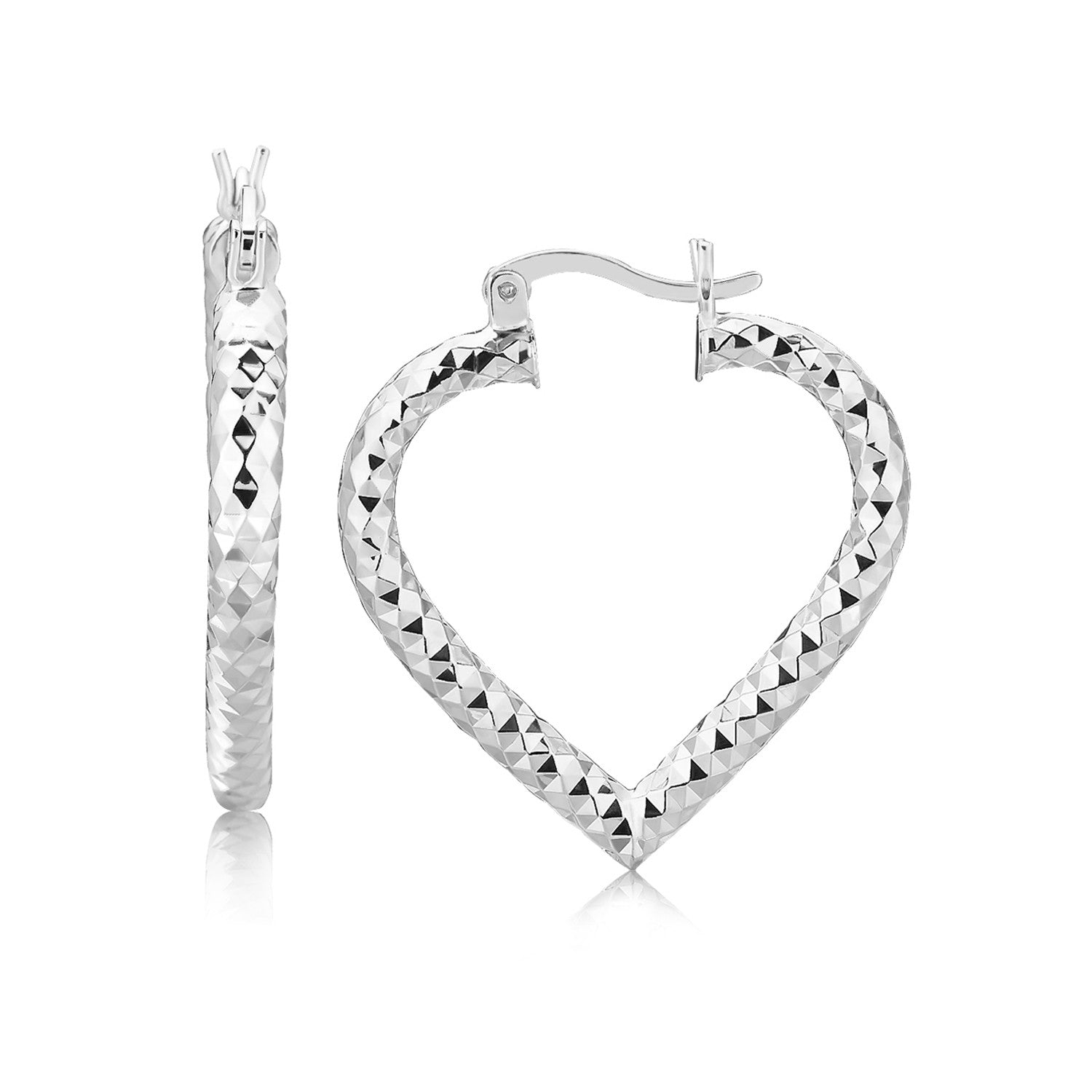 Sterling silver rhodium-plated heart-shaped hoop earrings with a diamond-cut texture.