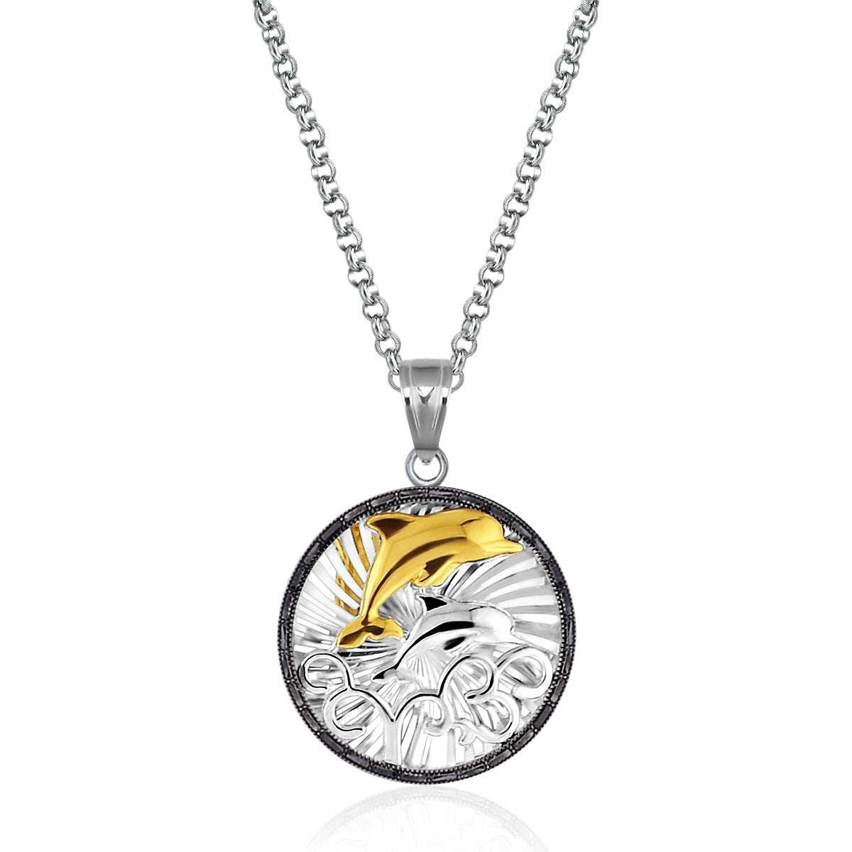 Sterling silver and 14K yellow gold round dolphin pendant with black crystal frame.