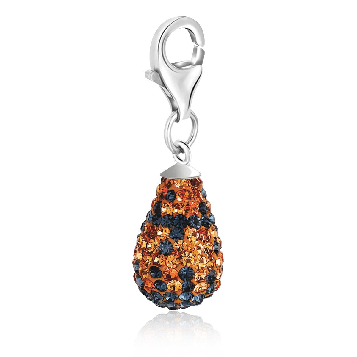 Sterling silver teardrop charm studded with multi-color crystals and a lobster clasp.