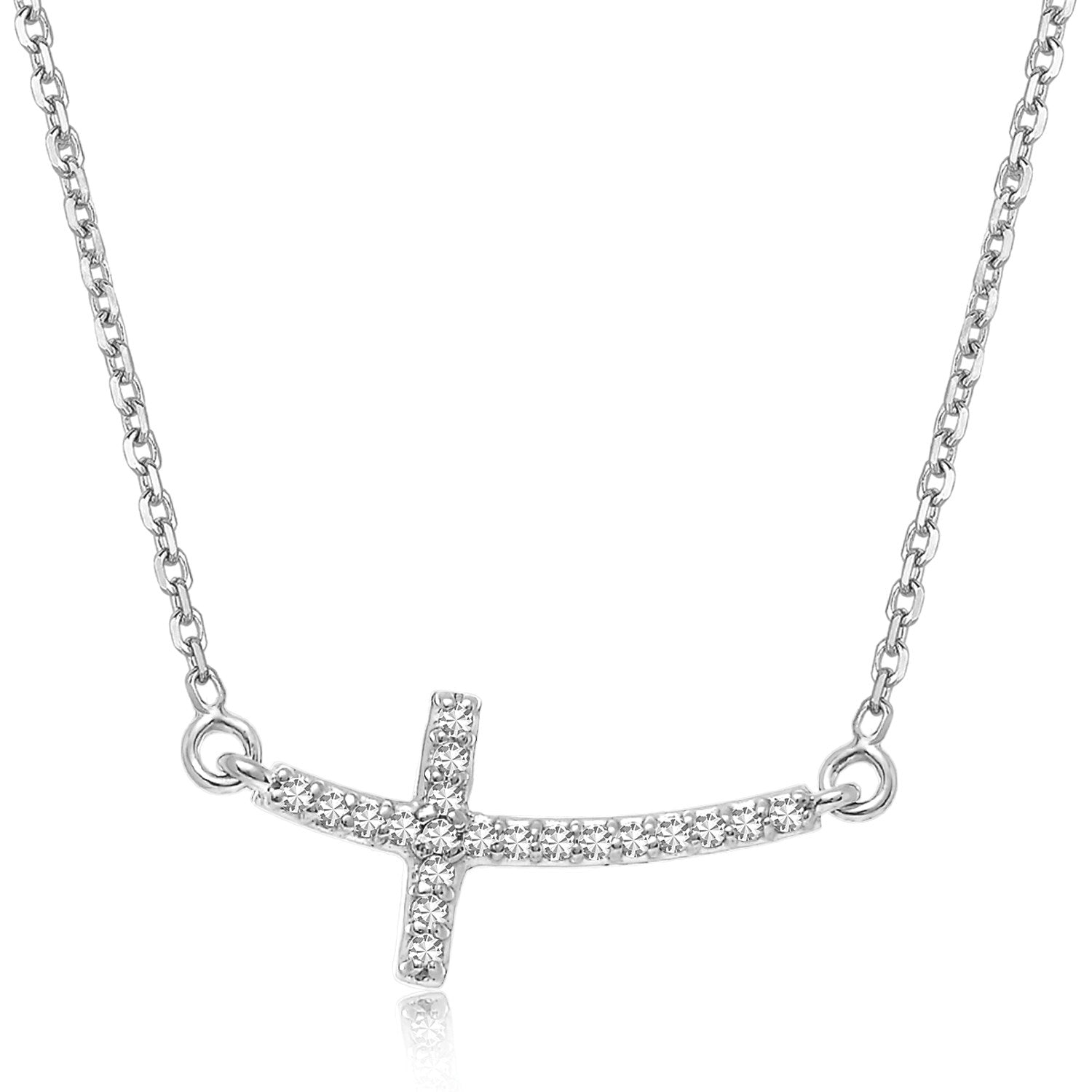 14k white gold curved cross necklace with diamond studs.