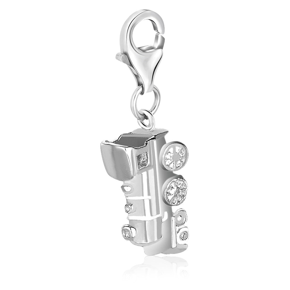 Sterling silver train engine charm with clear crystal accents and a lobster clasp.