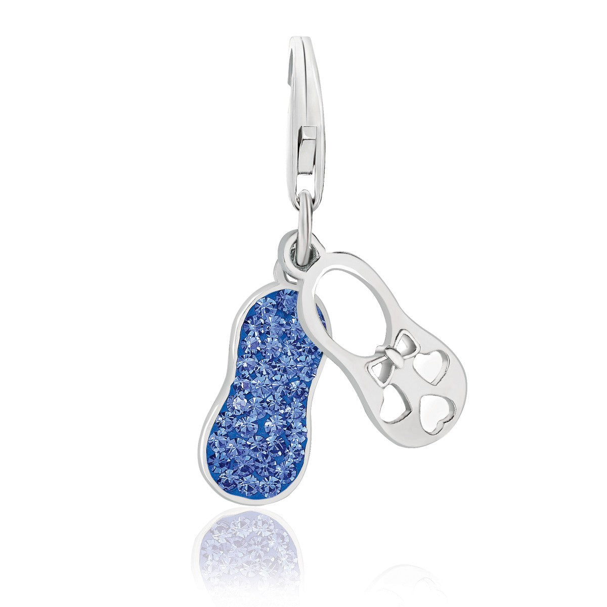 Sterling silver dual bootie charm with blue crystal embellishments and heart cut-outs.