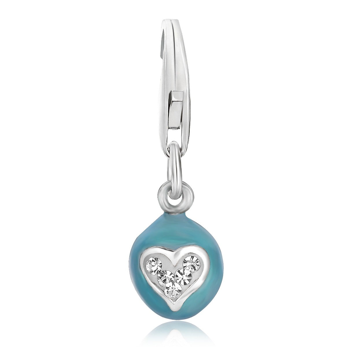 Sterling silver blue enameled egg charm with a crystal-embellished heart.