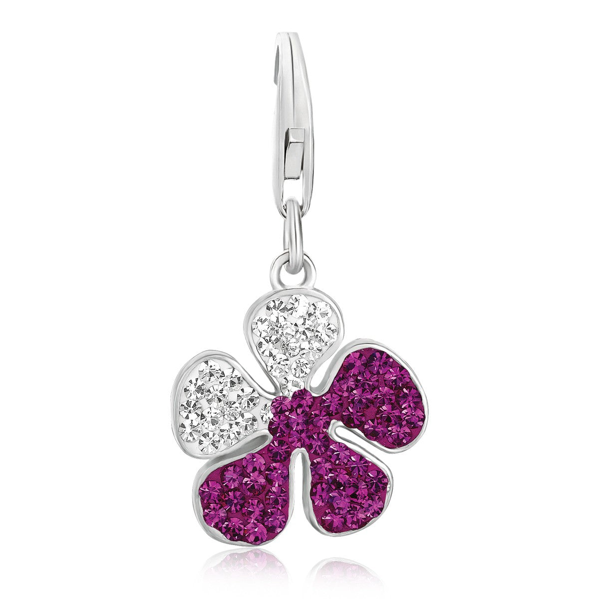 Sterling silver clover leaf charm with magenta and white crystal accents.