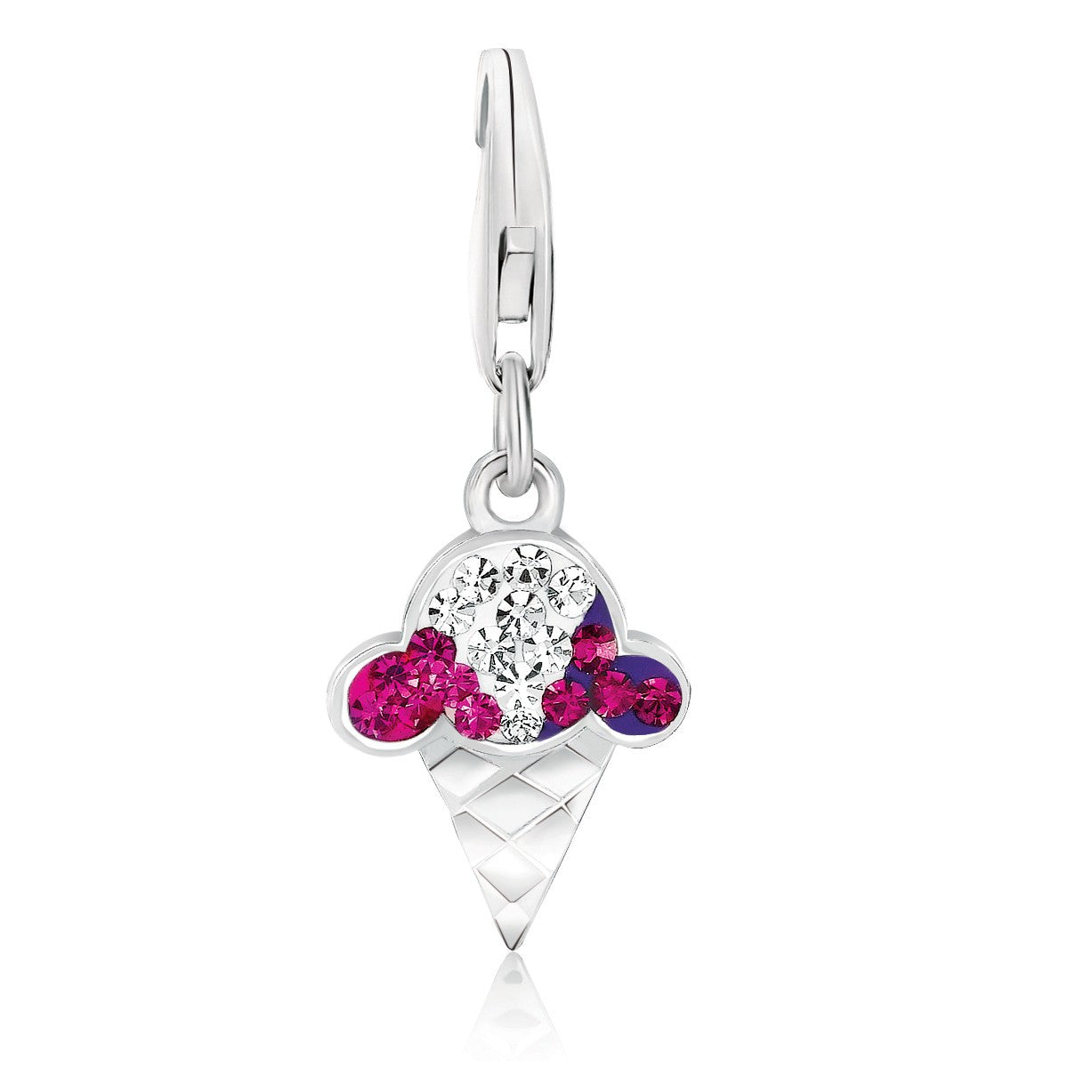Sterling silver ice cream cone charm with white, magenta, and purple crystals.