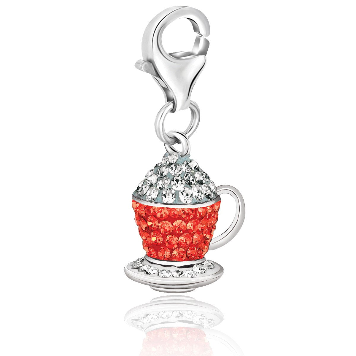 Sterling silver tea cup charm with white and red crystal accents.