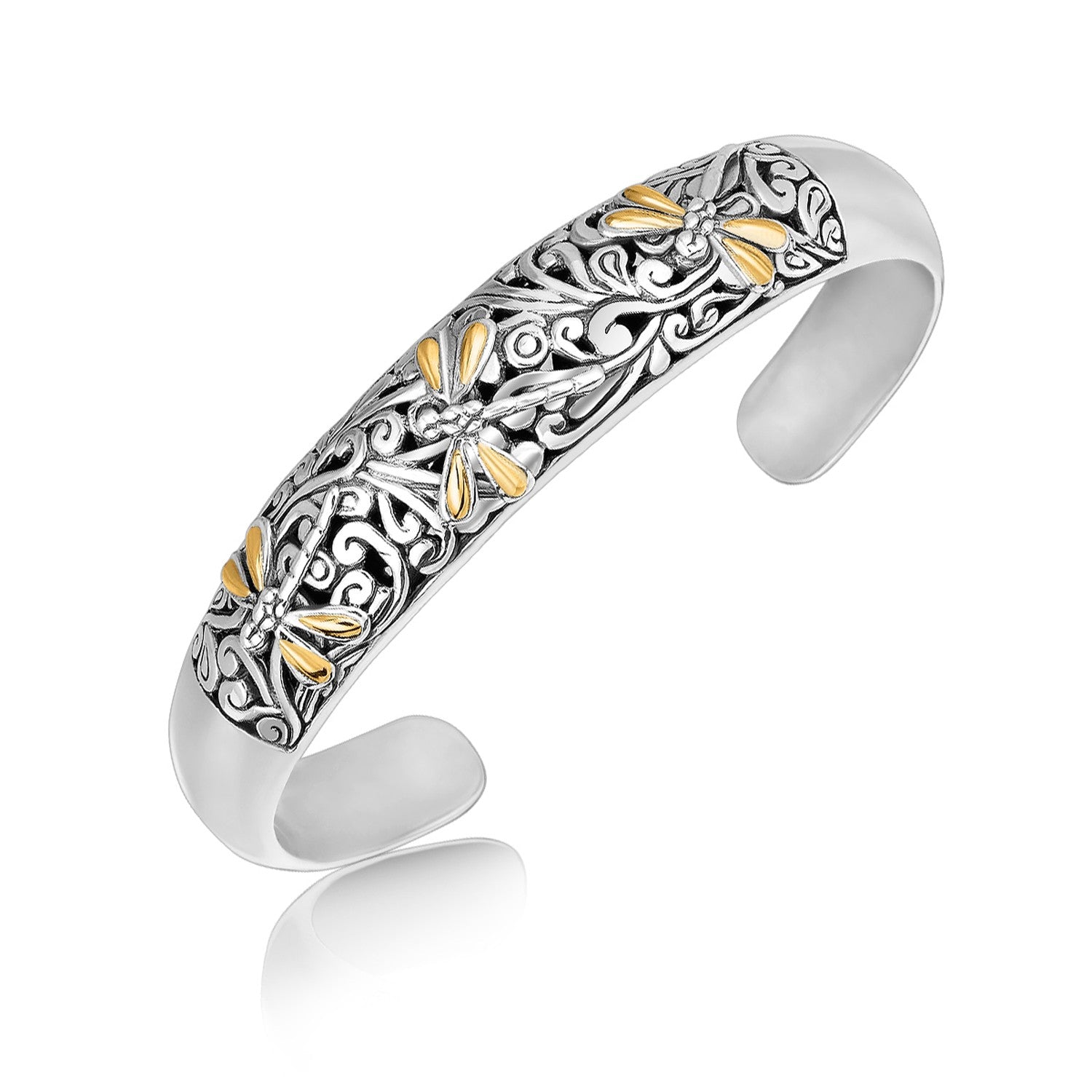 Sterling silver cuff with gold dragonfly and scrollwork design.