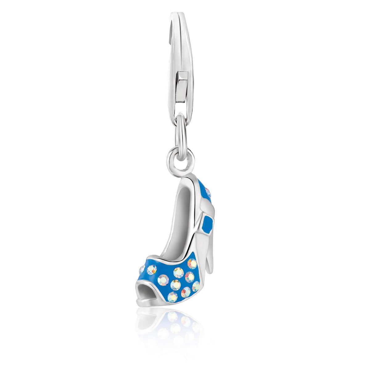 Sterling silver high heel shoe charm with blue enamel and white crystals.