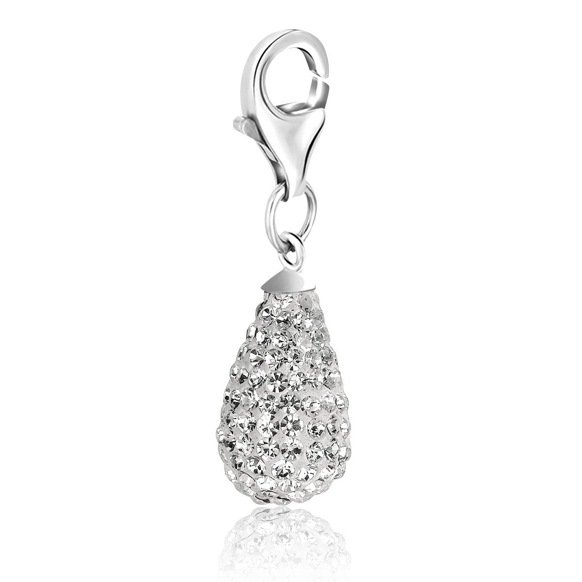 Sterling silver teardrop charm encrusted with white crystals and a lobster clasp.