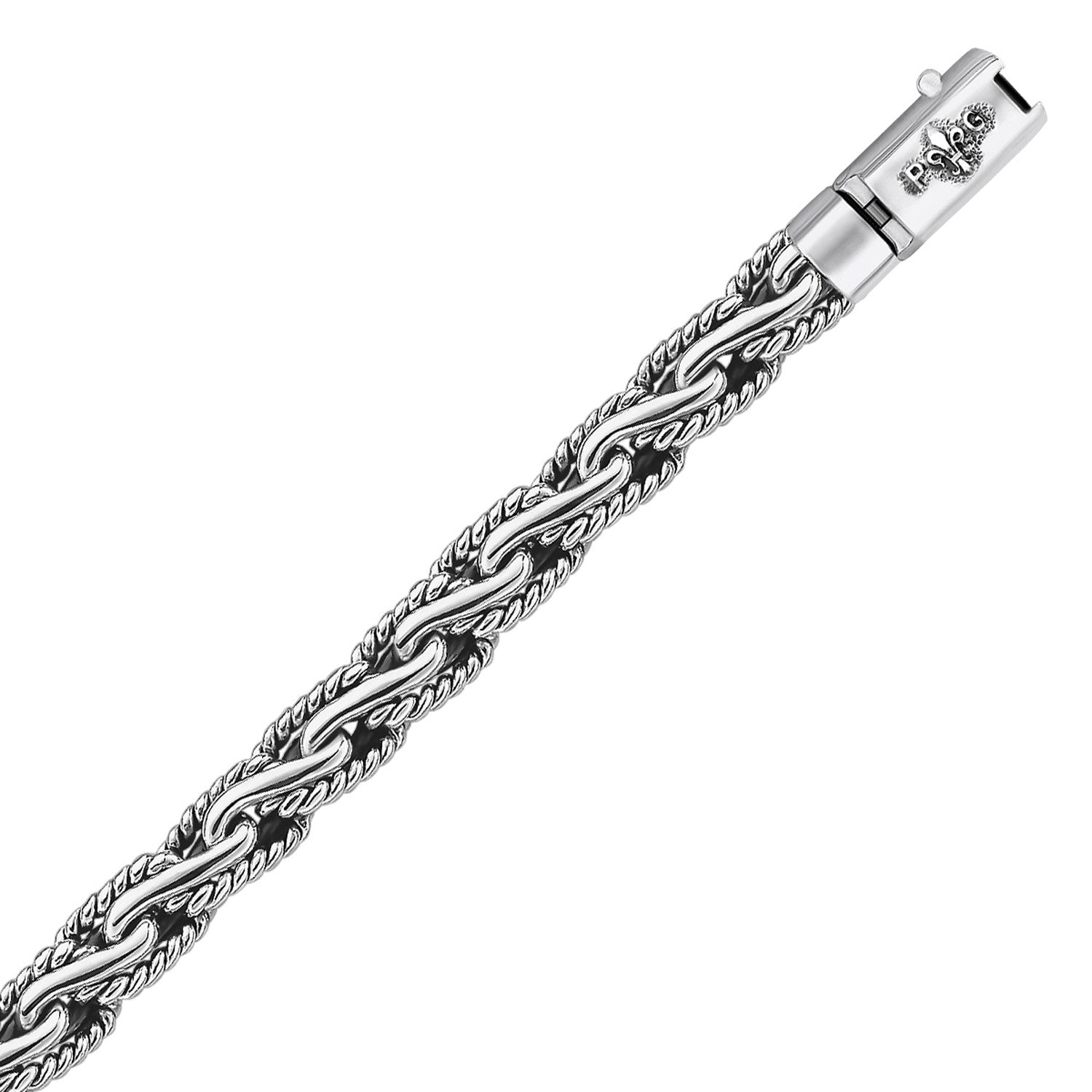 Oxidized sterling silver men's chain bracelet with a cable motif and fleur de lis clasp.