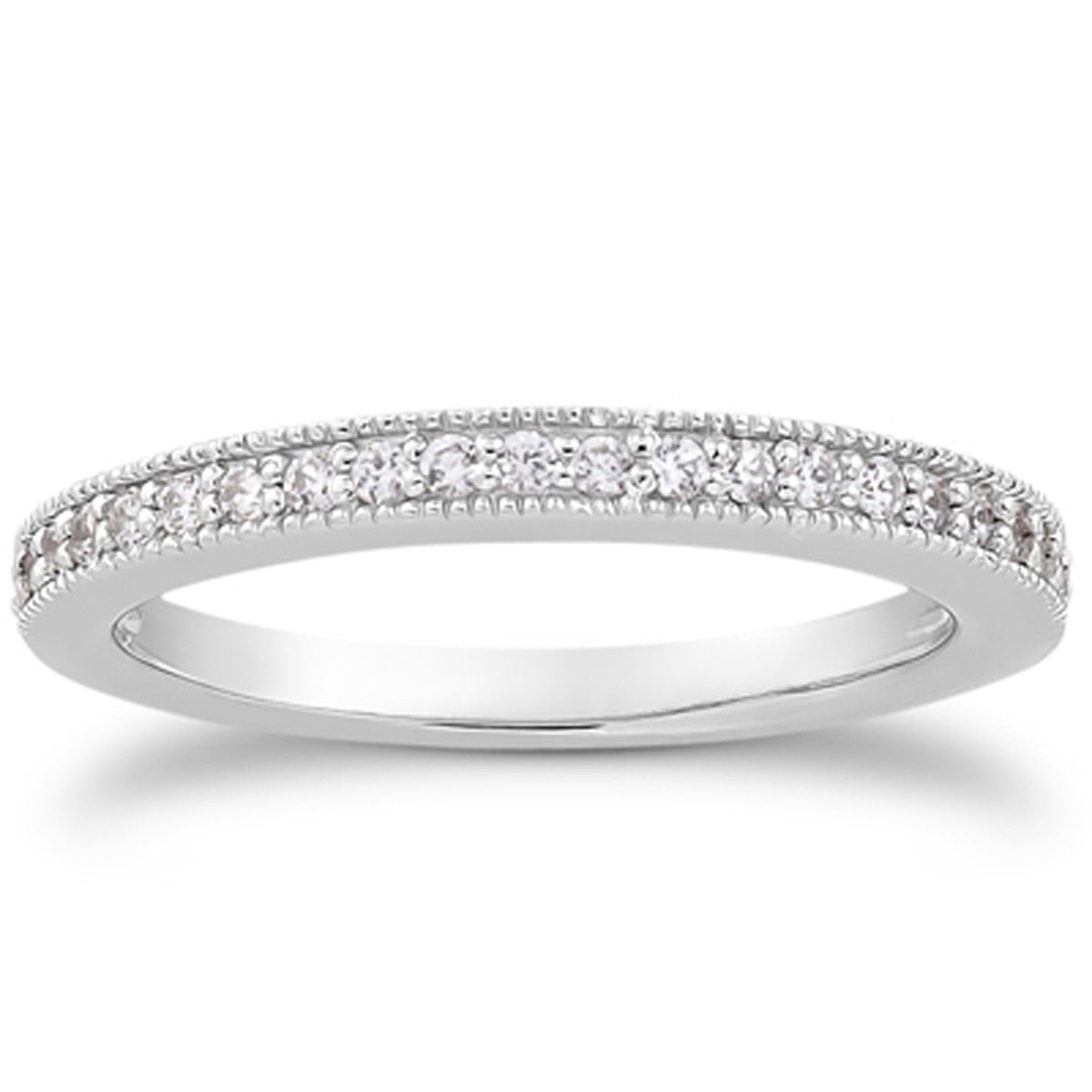 14k white gold wedding band with pave diamonds and milgrain edges.