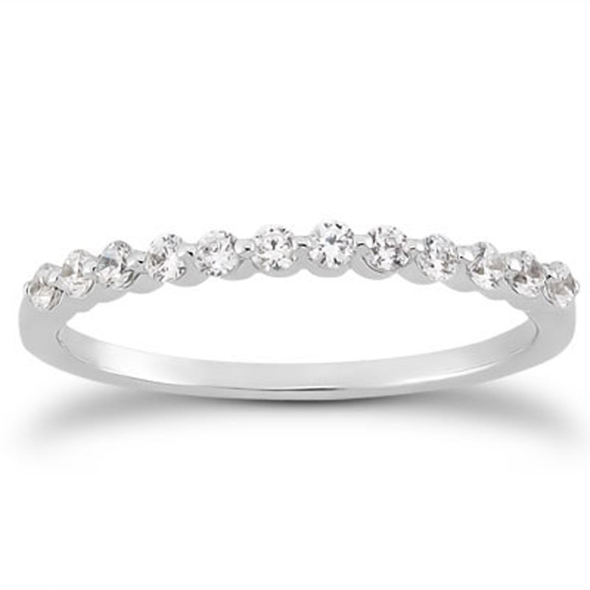 14k white gold wedding band with twelve round, shared-prong set diamonds across the top.