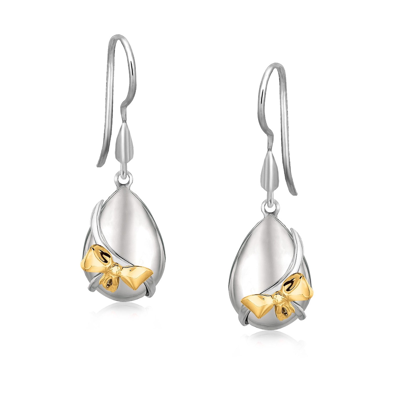 Sterling silver teardrop drop earrings with a yellow gold bow accent.