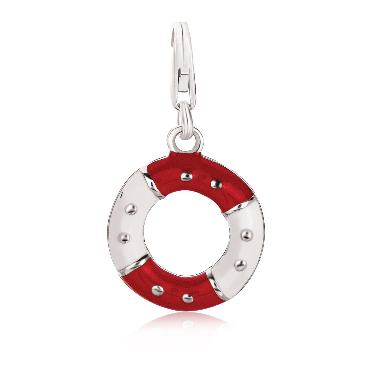 Sterling silver lifesaver charm with red and white enamel.