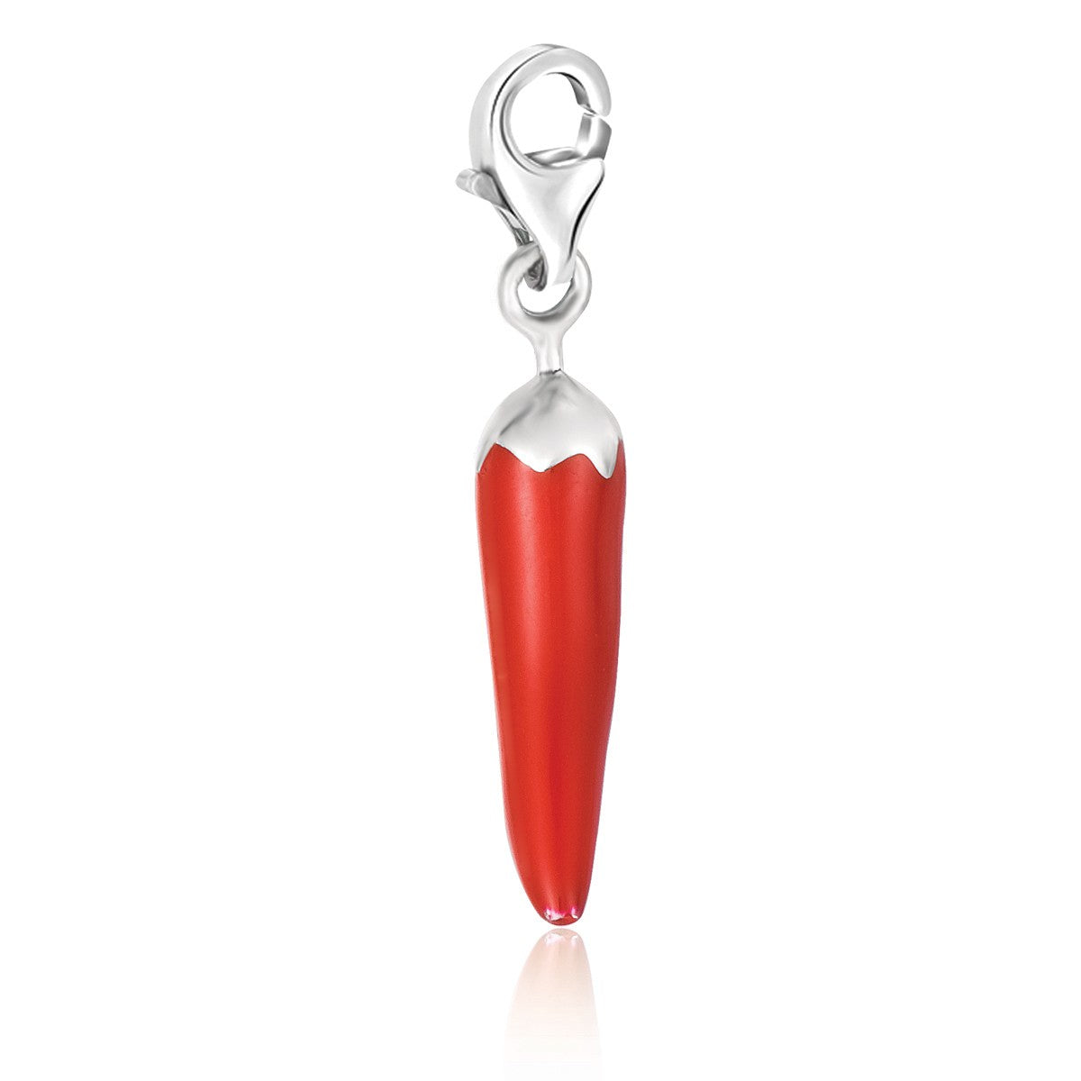 Sterling silver chili pepper charm with red enamel and a lobster clasp.