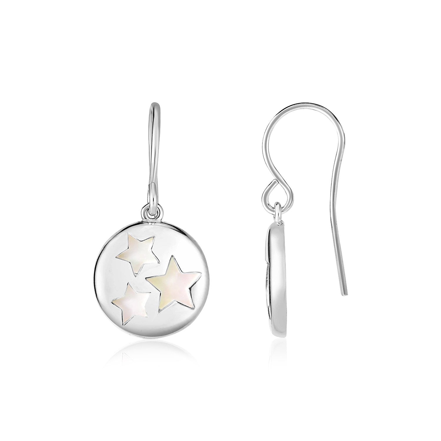 Sterling silver dangle earrings with three mother-of-pearl star cutouts.