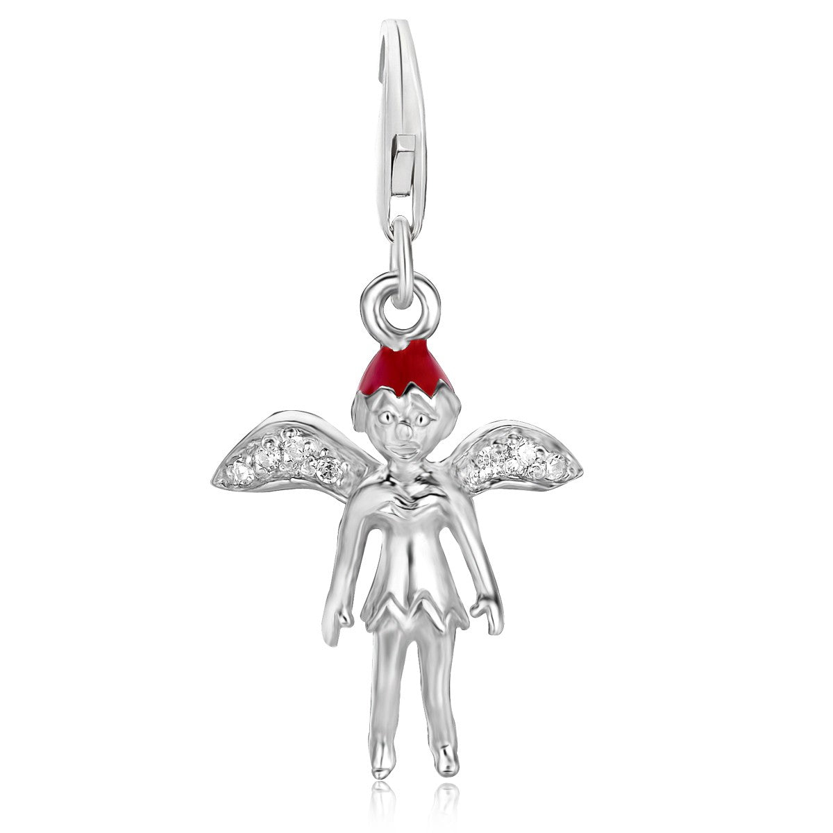 Sterling silver Tinkerbell charm with a red enamel cap and diamond-encrusted wings.