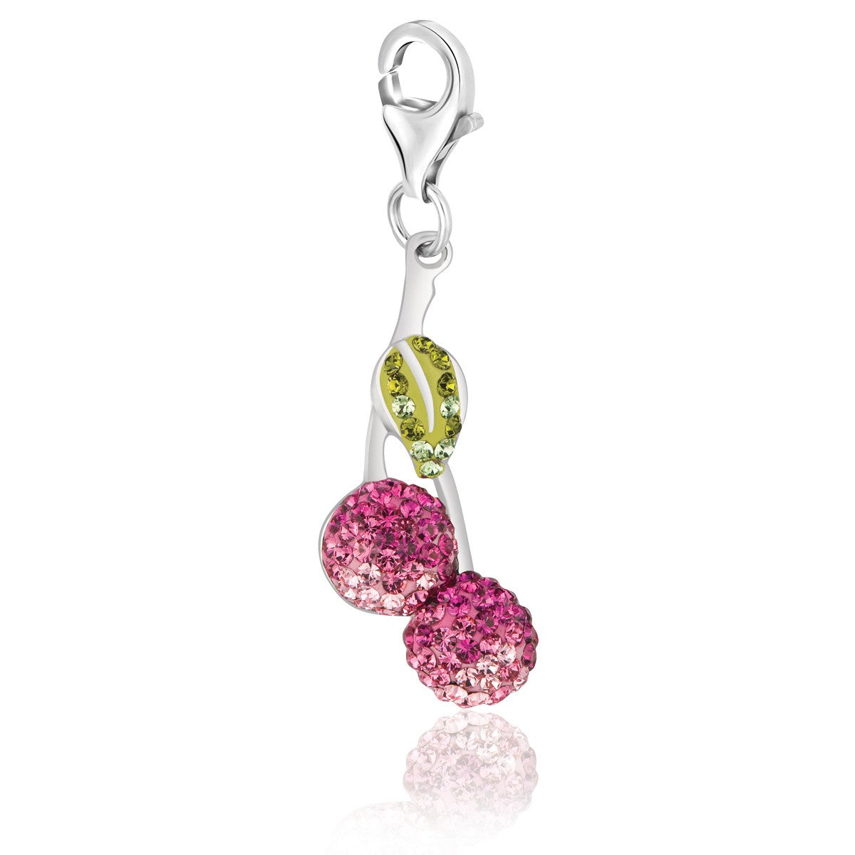 Sterling silver cherries charm with pink and white crystals and a lime green leaf.