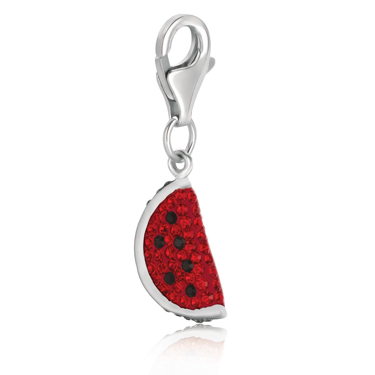Sterling silver watermelon charm with red and black crystals.
