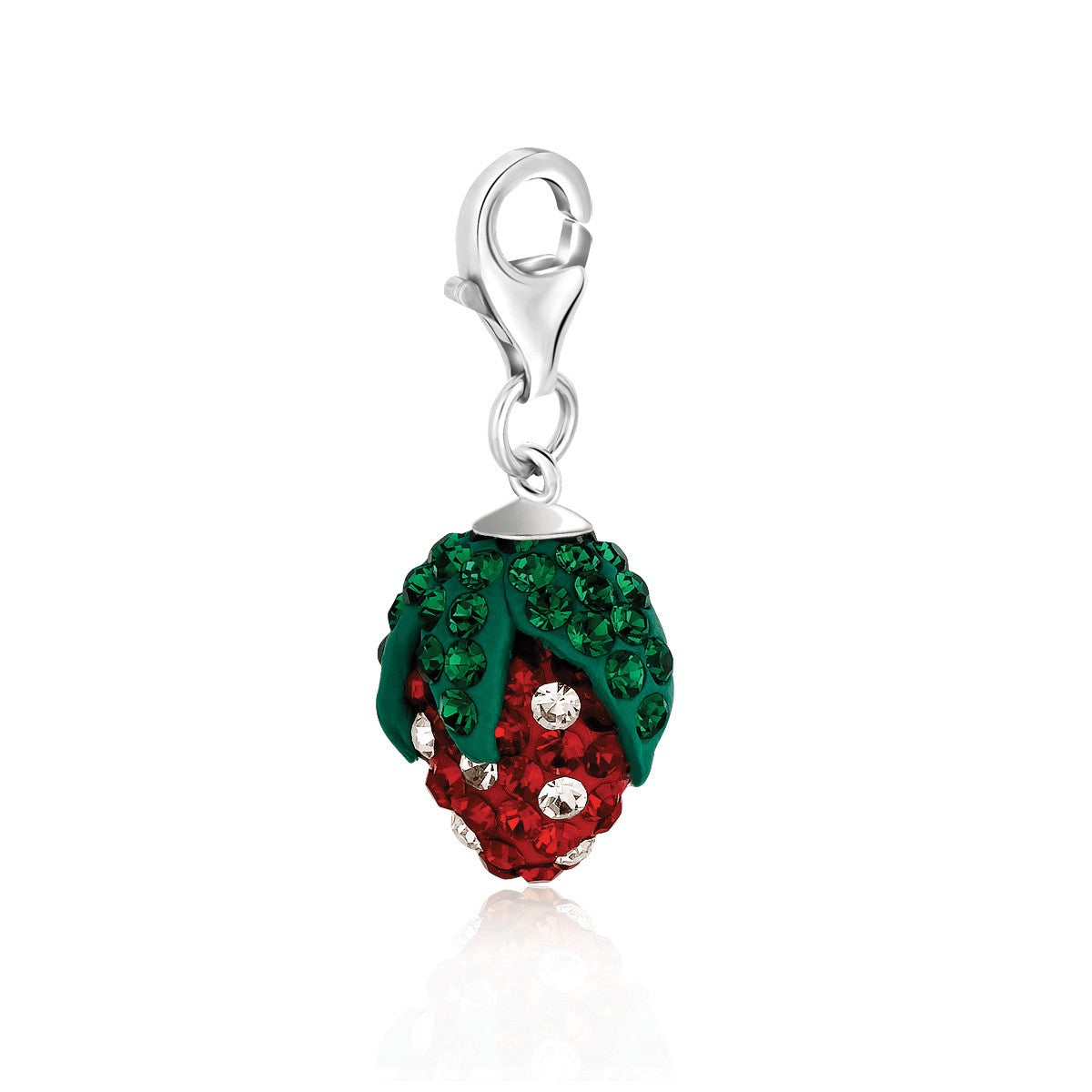 Sterling silver strawberry charm with green, red, and white crystal accents.