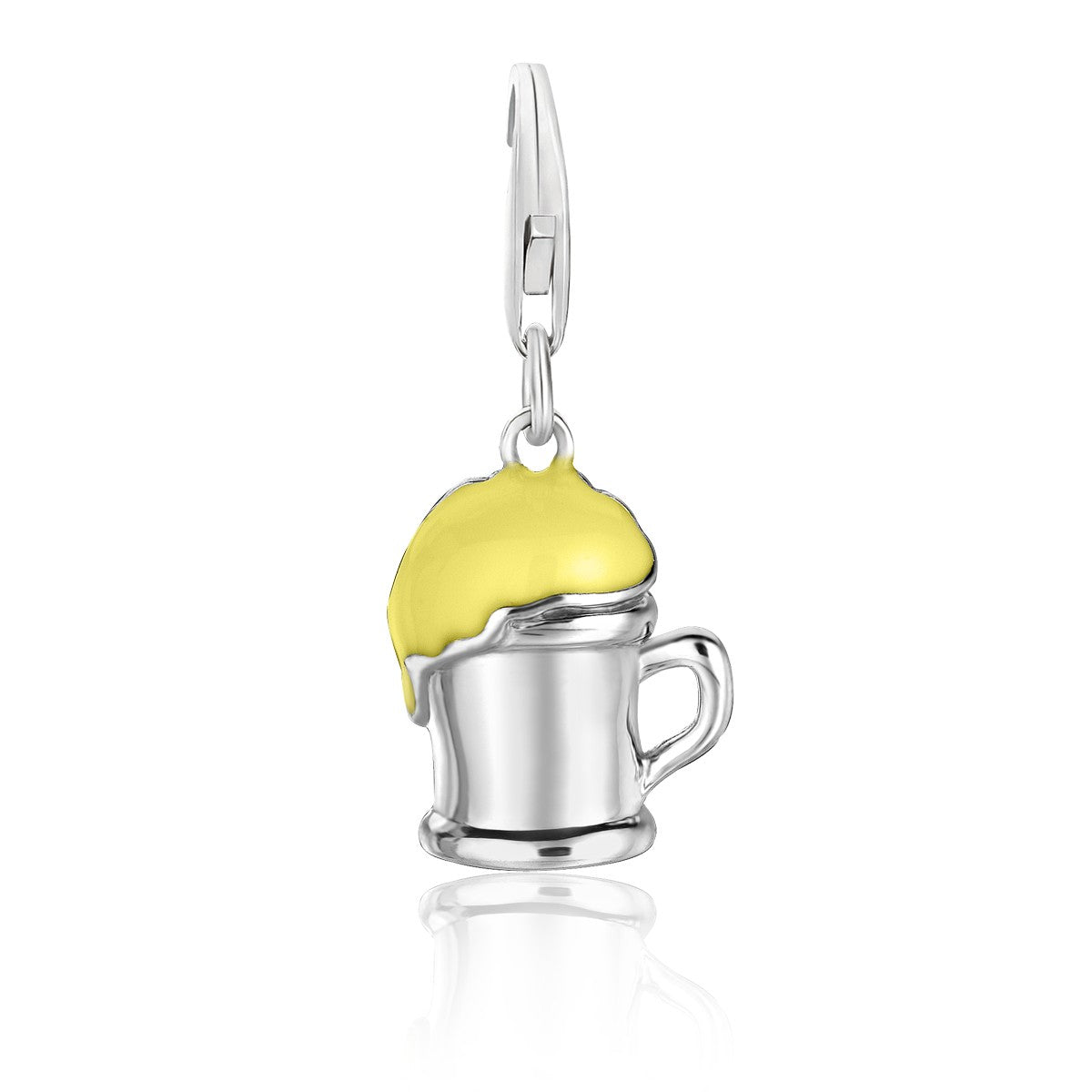Sterling silver beer mug charm with yellow enamel froth and a lobster clasp.