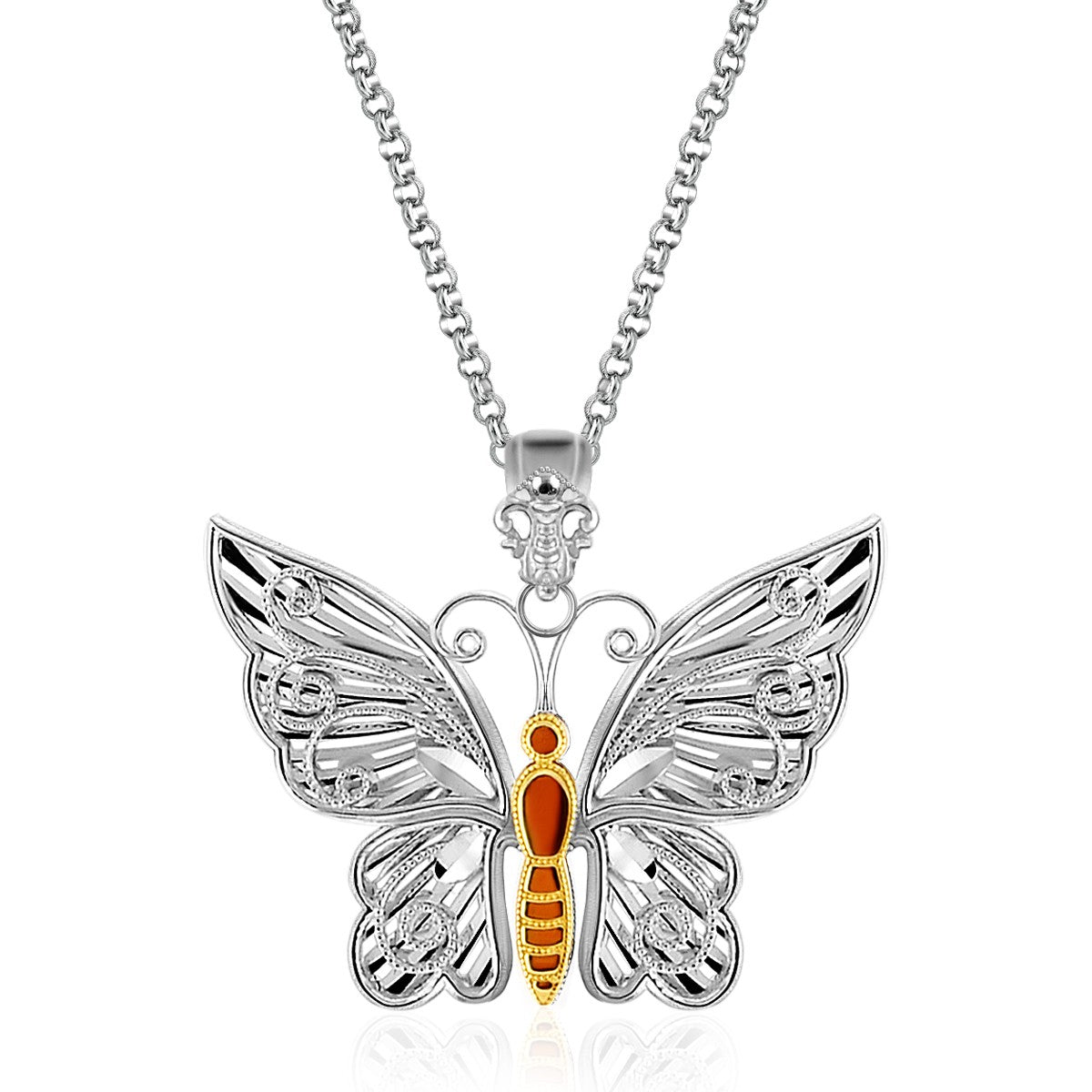 Sterling silver butterfly pendant with a red enamel body and 14K yellow gold accents.
