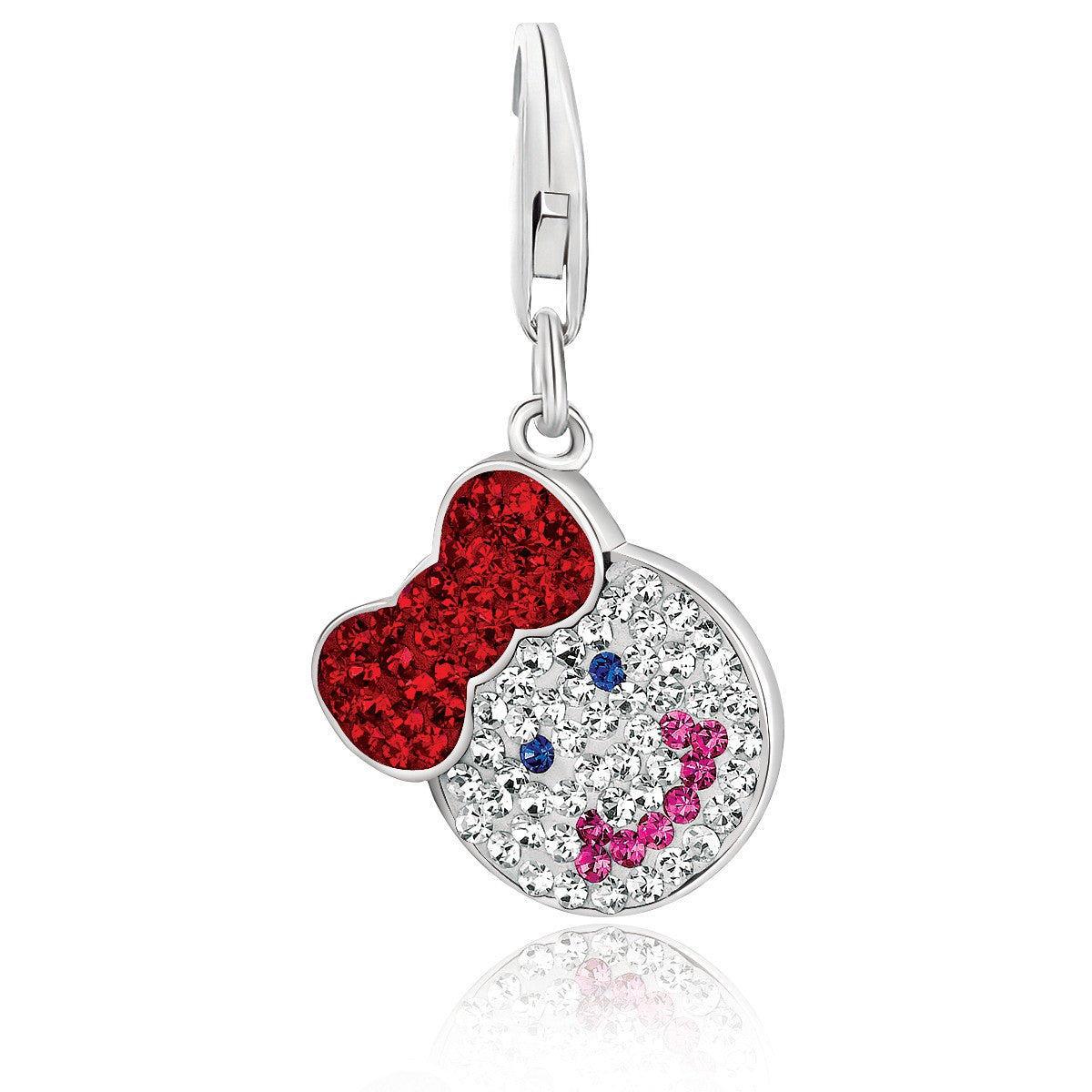 Sterling silver girl bow charm with red, white, blue, and lavender crystals.