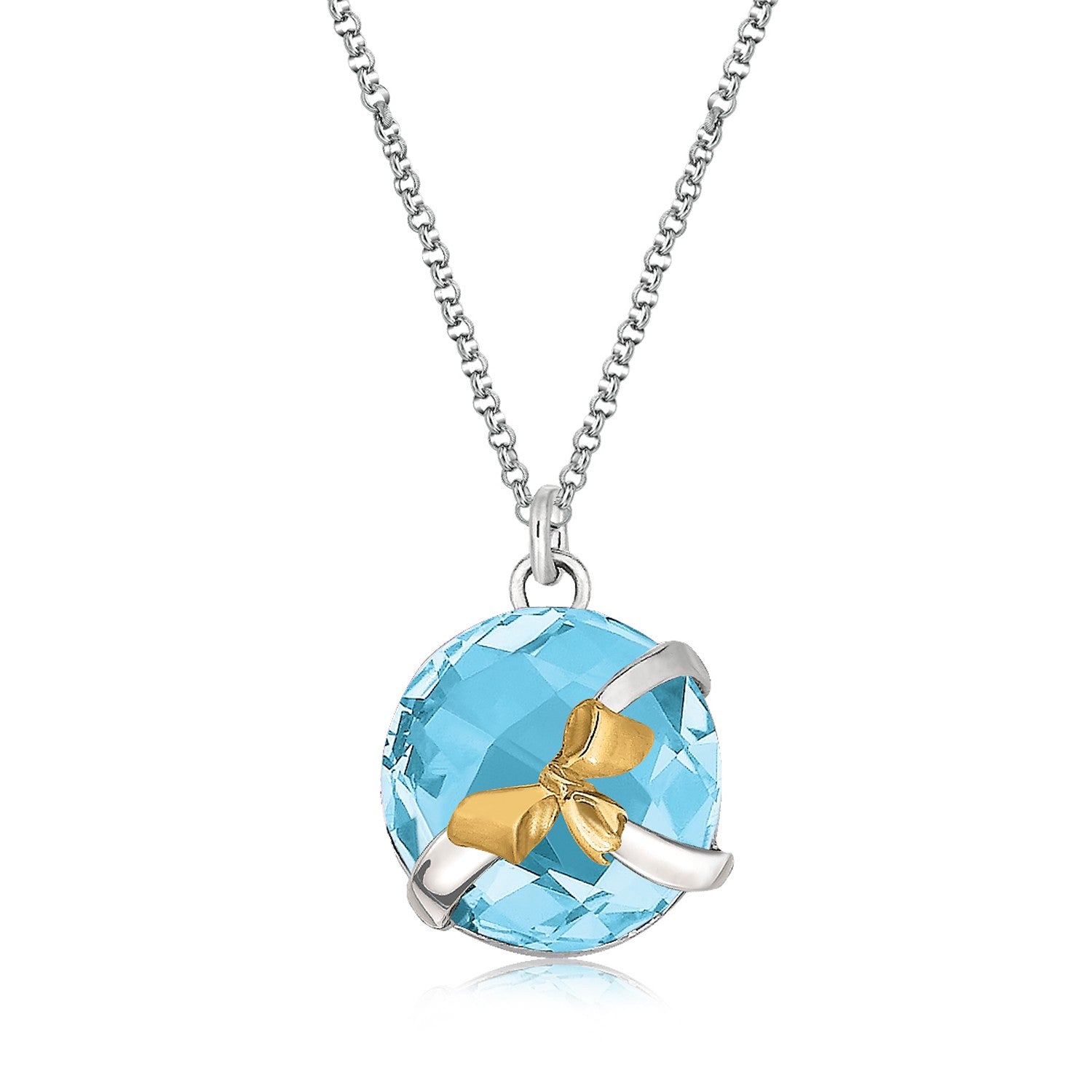 Sterling silver necklace with a round blue topaz pendant featuring a gold bow.
