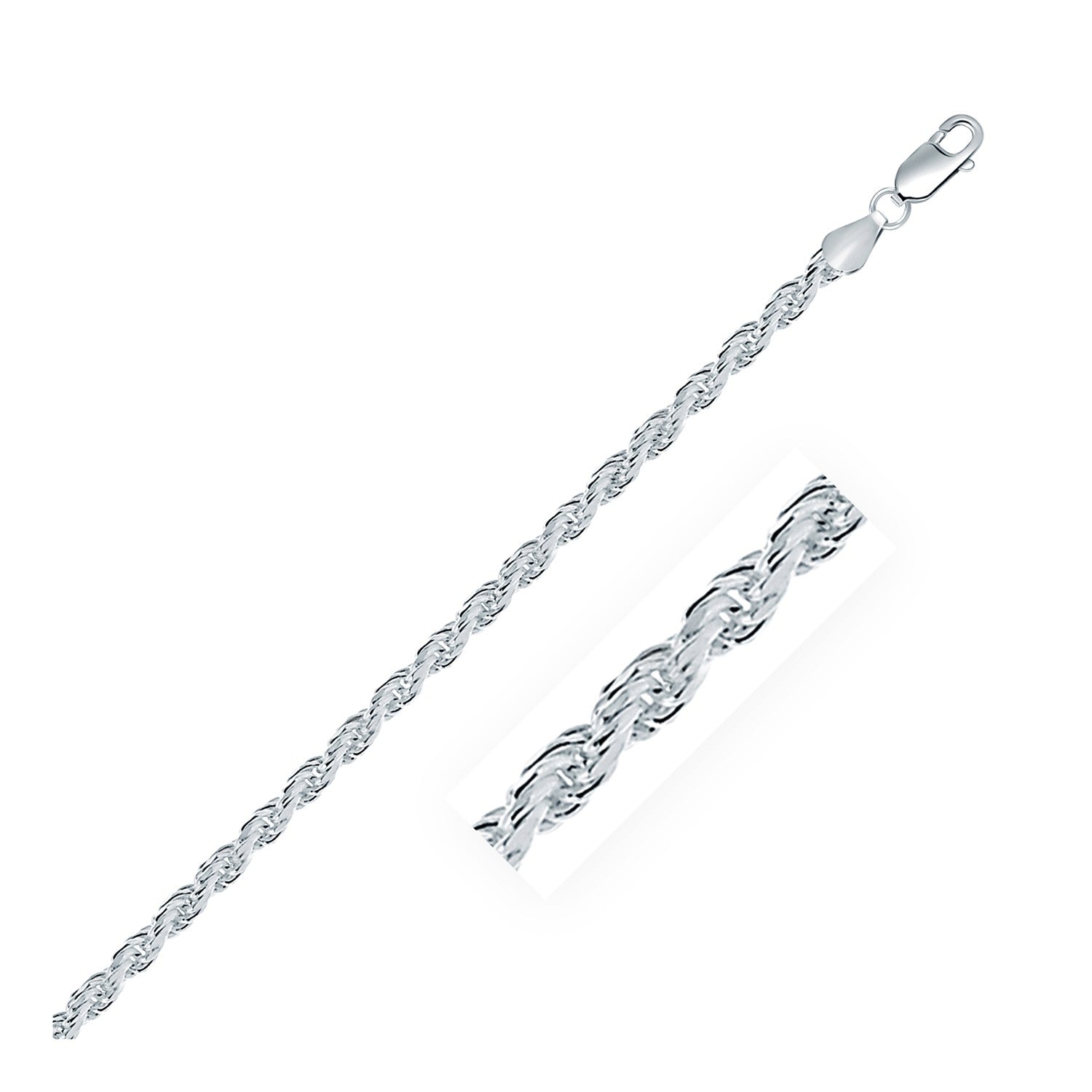 Sterling silver diamond cut rope chain with a lobster clasp.