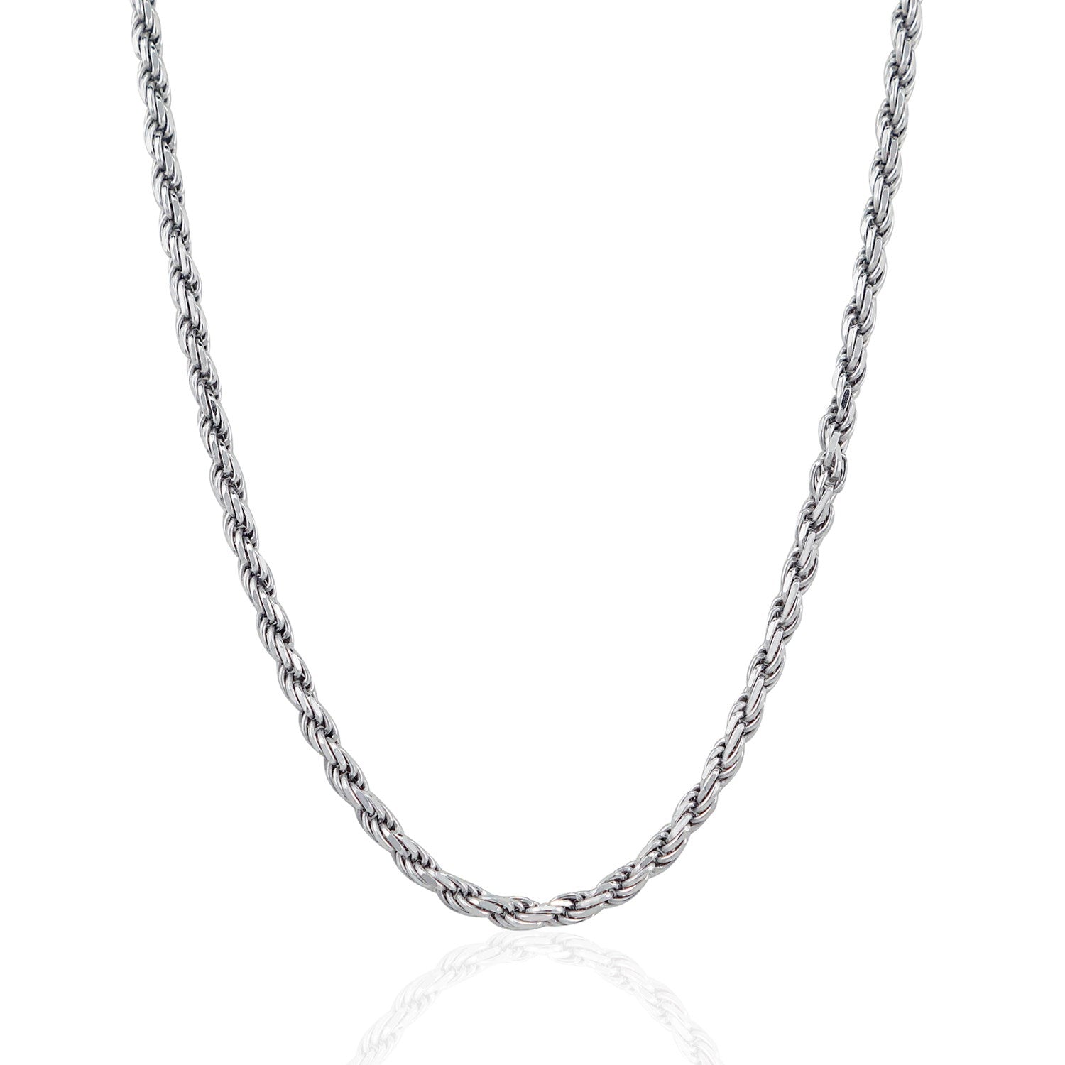 Sterling silver diamond cut rope chain with a rhodium polish.