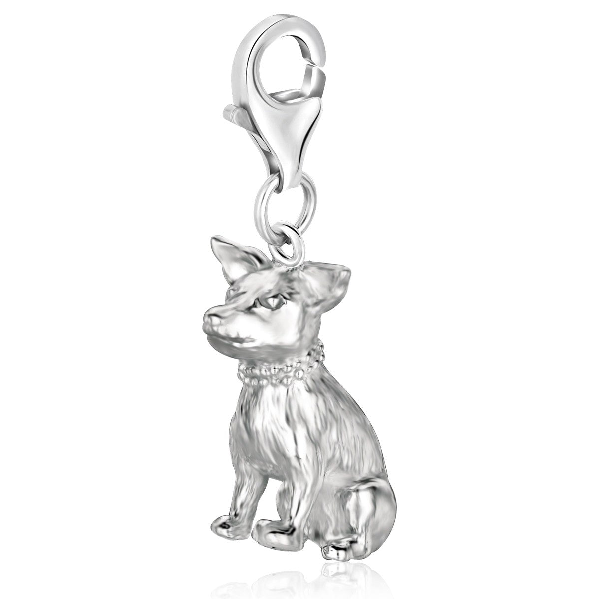 Sterling silver sitting dog charm with a lobster clasp.