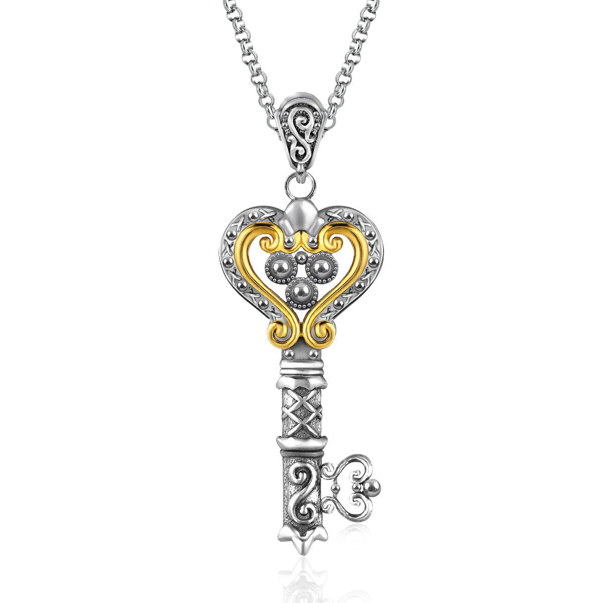 Sterling silver and 14K yellow gold decorative key pendant with an 18-inch chain.