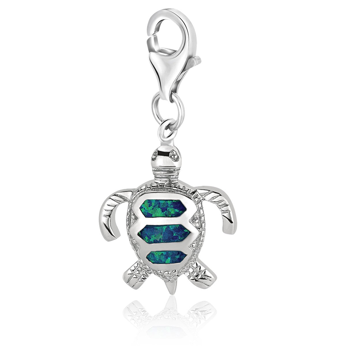 Sterling silver turtle charm with three blue-green opal accents on its shell.