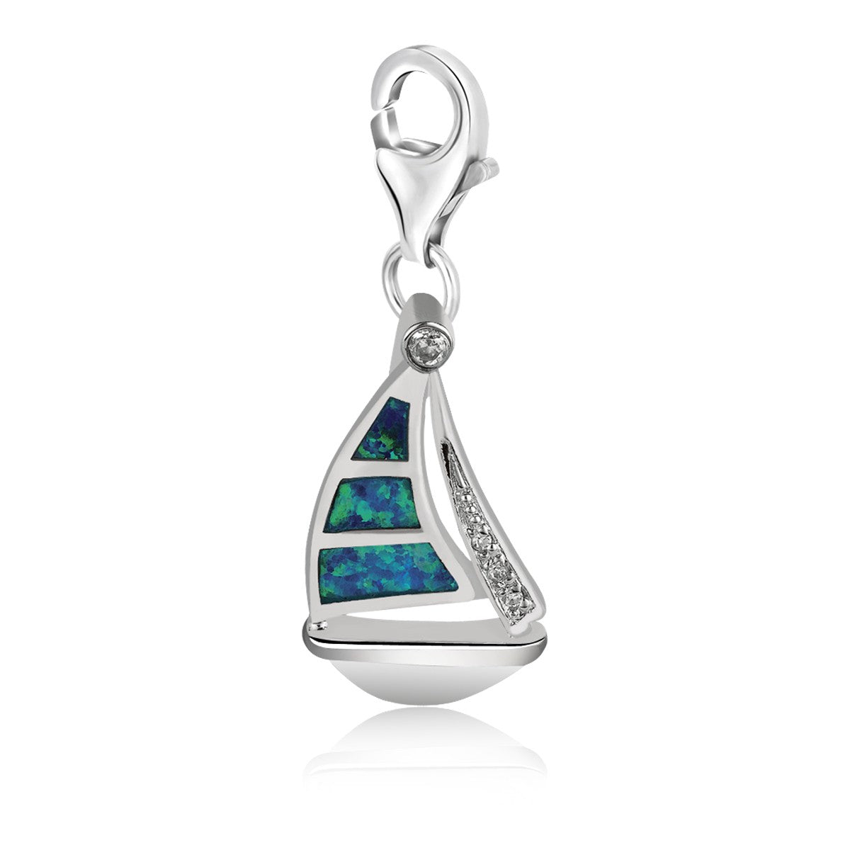 Sterling silver sailboat charm with blue opal embellishments and a lobster clasp.